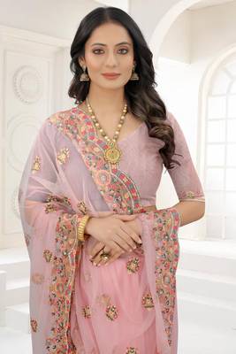 Pink Zari Embroidered Net Saree With Matching Blouse 2