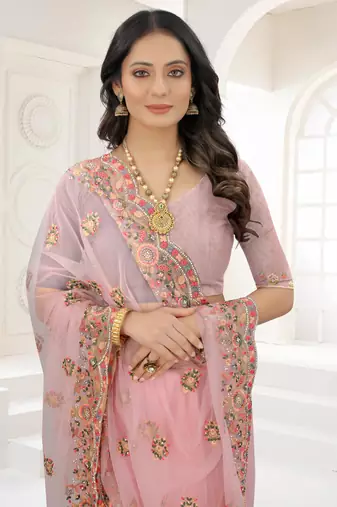 Pink Zari Embroidered Net Saree With Matching Blouse