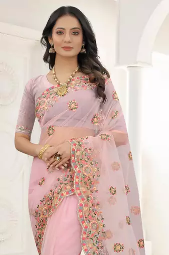 Pink Zari Embroidered Net Saree With Matching Blouse
