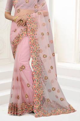 Pink Zari Embroidered Net Saree With Matching Blouse 4