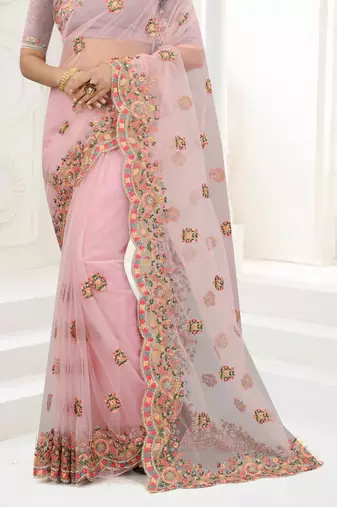 Pink Zari Embroidered Net Saree With Matching Blouse