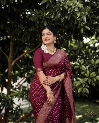 Maroon silk blend saree with blouse 2