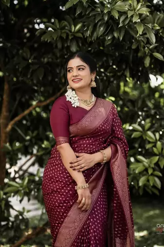Maroon silk blend saree with blouse
