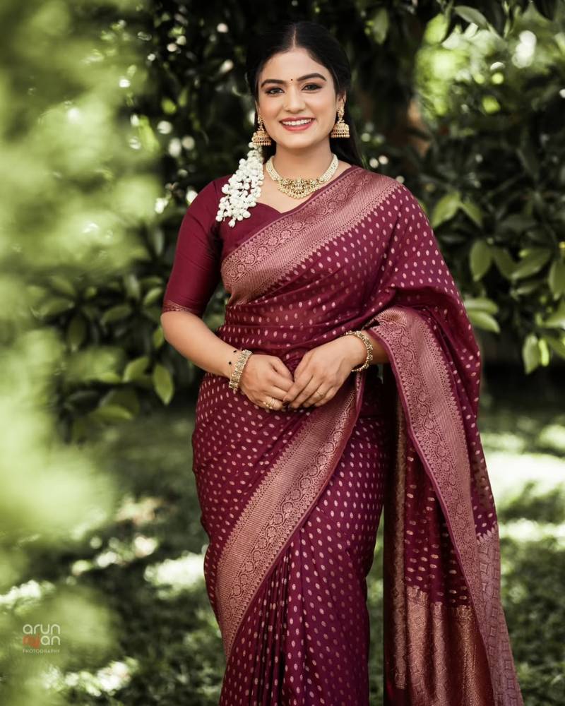 Maroon silk blend saree with blouse