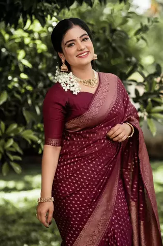 Maroon silk blend saree with blouse