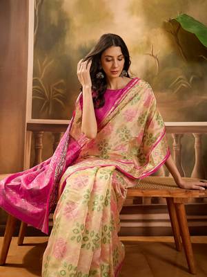 Women's beige organza zari woven saree with unstitched blouse piece 1