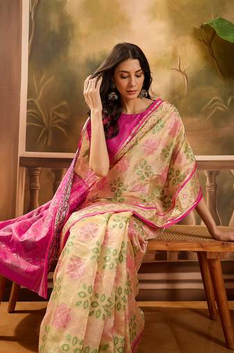 Women's beige organza zari woven saree with unstitched blouse piece