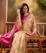 Women's beige organza zari woven saree with unstitched blouse piece