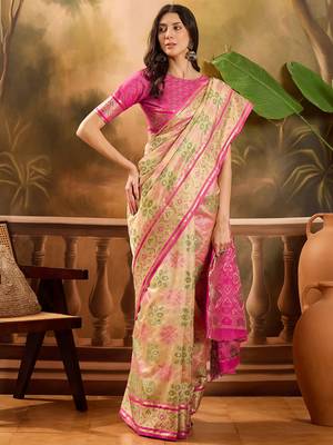 Women's beige organza zari woven saree with unstitched blouse piece 2