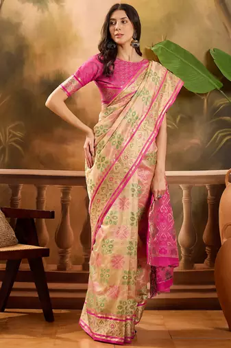 Women's beige organza zari woven saree with unstitched blouse piece