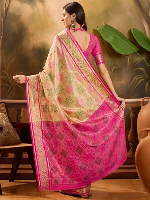 Women's beige organza zari woven saree with unstitched blouse piece 3