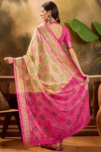 Women's beige organza zari woven saree with unstitched blouse piece