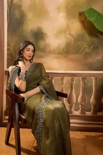 Women's olive chiffon beads & stones saree with unstitched blouse piece