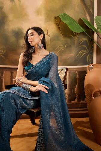 Women's teal chiffon beads & stones saree with unstitched blouse piece