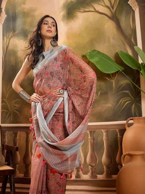 Women's brown linen printed saree with unstitched blouse piece 1