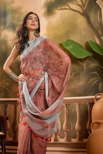 Women's brown linen printed saree with unstitched blouse piece