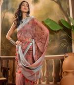 Women's brown linen printed saree with unstitched blouse piece
