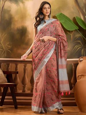 Women's brown linen printed saree with unstitched blouse piece 2