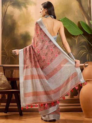 Women's brown linen printed saree with unstitched blouse piece 3