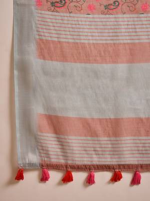 Women's brown linen printed saree with unstitched blouse piece 5