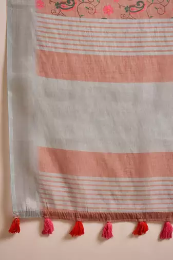 Women's brown linen printed saree with unstitched blouse piece