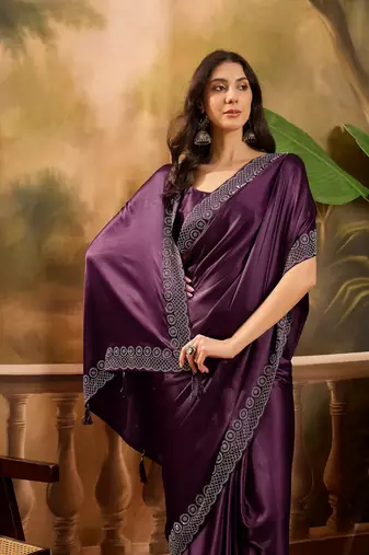 Women's wine chiffon beads & stone saree with unstitched blouse piece