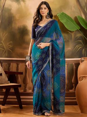 Women's blue georgette bandhni saree with unstitched blouse piece 2