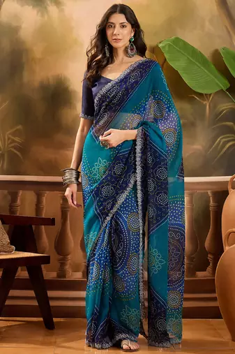 Women's blue georgette bandhni saree with unstitched blouse piece