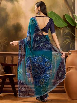 Women's blue georgette bandhni saree with unstitched blouse piece 3