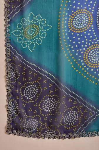 Women's blue georgette bandhni saree with unstitched blouse piece