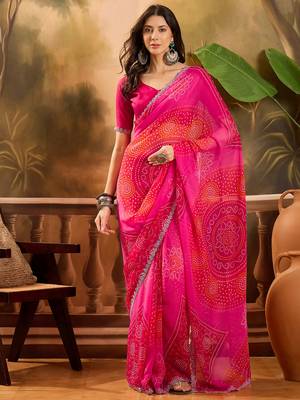 Women's pink georgette bandhni saree with unstitched blouse piece 2