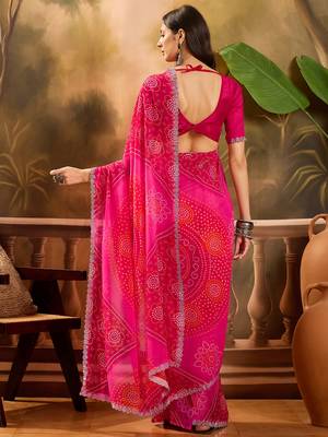 Women's pink georgette bandhni saree with unstitched blouse piece 3