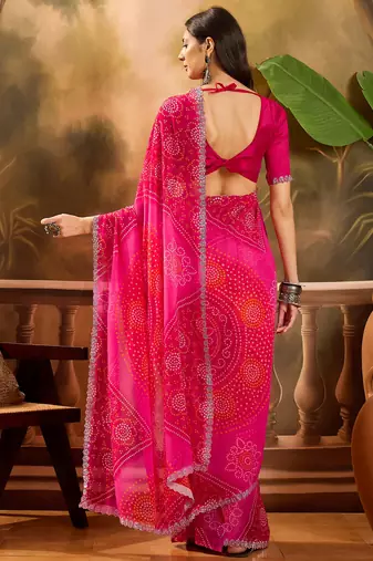 Women's pink georgette bandhni saree with unstitched blouse piece