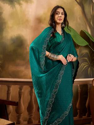 Women's rama silk blend beads & stone saree with unstitched blouse piece 1