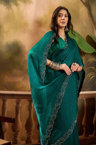 Women's rama silk blend beads & stone saree with unstitched blouse piece