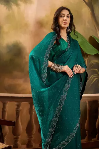 Women's rama silk blend beads & stone saree with unstitched blouse piece