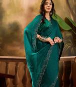 Women's rama silk blend beads & stone saree with unstitched blouse piece