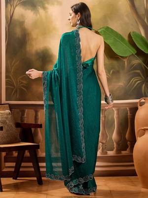 Women's rama silk blend beads & stone saree with unstitched blouse piece 3