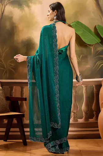 Women's rama silk blend beads & stone saree with unstitched blouse piece