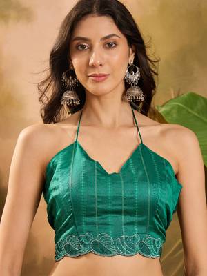 Women's rama silk blend beads & stone saree with unstitched blouse piece 4