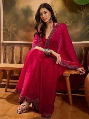 Women's rani silk blend beads & stone saree with unstitched blouse piece 1