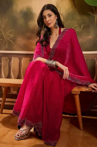 Women's rani silk blend beads & stone saree with unstitched blouse piece