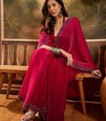 Women's rani silk blend beads & stone saree with unstitched blouse piece