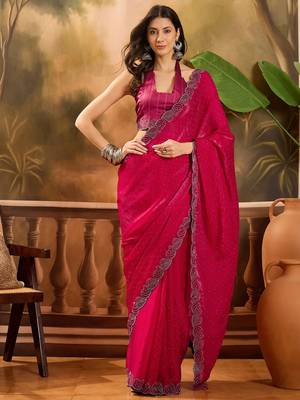 Women's rani silk blend beads & stone saree with unstitched blouse piece 2