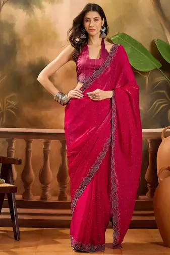 Women's rani silk blend beads & stone saree with unstitched blouse piece