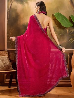 Women's rani silk blend beads & stone saree with unstitched blouse piece 3