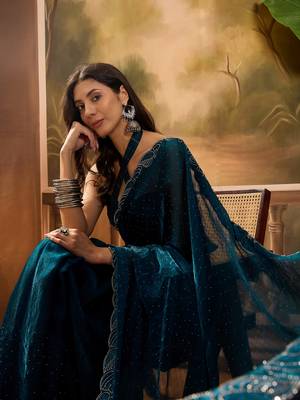 Women's teal silk blend beads & stone saree with unstitched blouse piece 1