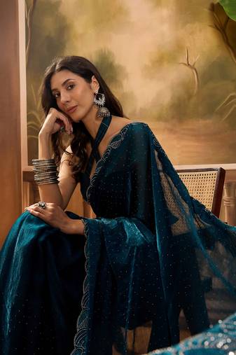 Women's teal silk blend beads & stone saree with unstitched blouse piece