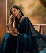 Women's teal silk blend beads & stone saree with unstitched blouse piece