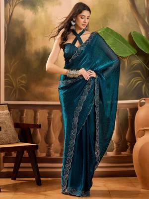 Women's teal silk blend beads & stone saree with unstitched blouse piece 2